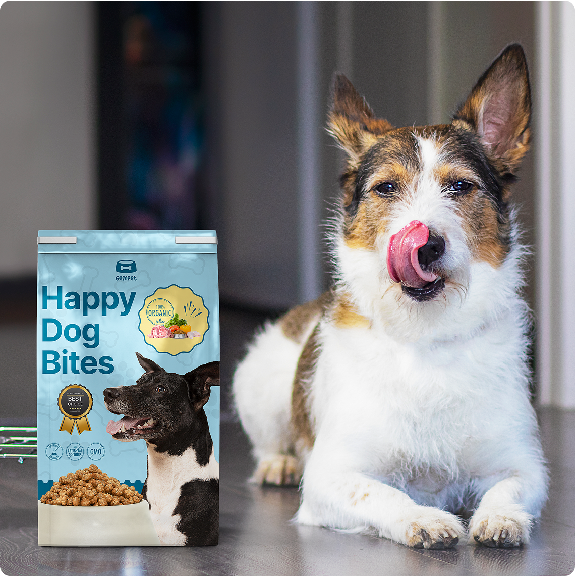 Happy dog with Happy Dog Bites organic product package